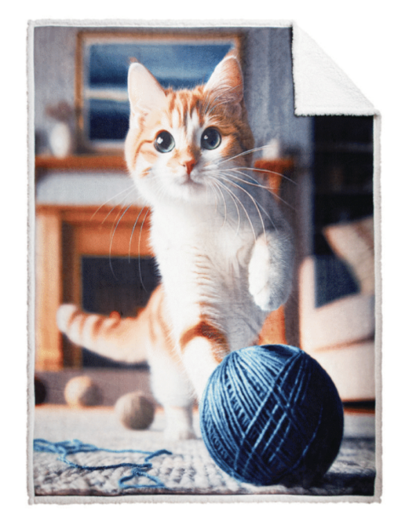 Yarn Ball Cat Photorealisic Printed Throw with Sherpa Reverse ~ 48″ x 60″